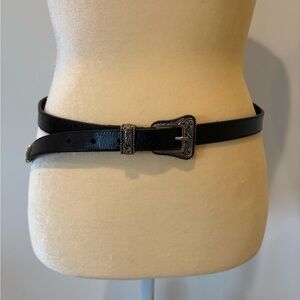 YSL Saint Laurent Black Leather Belt with  Silver Buckle, Sz 80